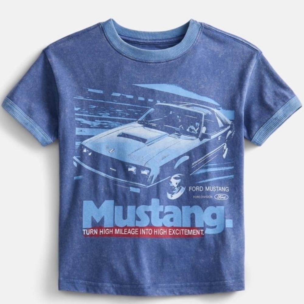 Ford Mustang Boys Graphic Tee Blue Acid Wash Ringer Shirt Size M 8 NEW